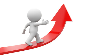 3d white character ascending red upward arrow indicating progress and success isolated on transparent background