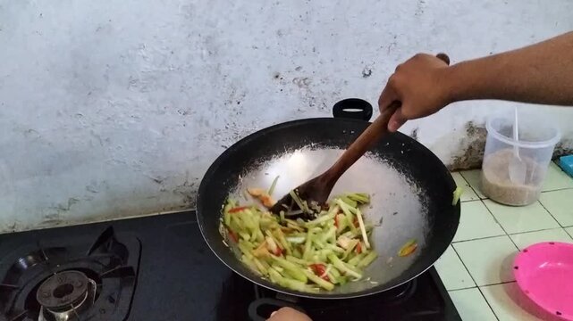 Video of stir fry chayote or tumis labu siam is a typical cuisine or Indonesian home dishes from Indonesia. Stir-fried chayote for lunch.