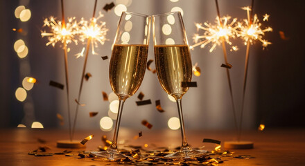 Two champagne glasses clinking with sparklers and confetti for a celebration