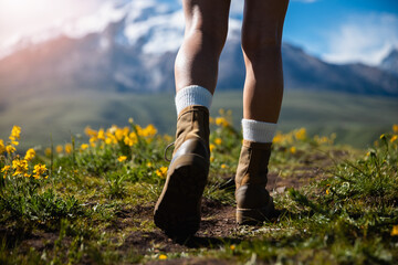 Hiker hiking on grassland mountains