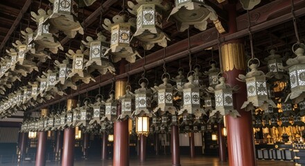 Fototapeta premium Japanese lanterns hanging in rows create an atmosphere of serenity