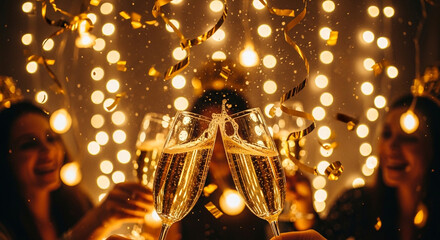 People toasting champagne glasses with confetti and bokeh lights