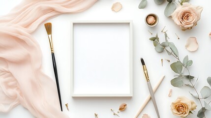 White frame mockup with roses, eucalyptus, paintbrush, and peach chiffon fabric on white background