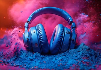 Vibrant blue headphones submerged in a cloud of vivid pink and blue dust, creating an energetic and artistic visual spectacle