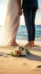 Beach Wedding Bouquet on Sand with Bride and Groom Holding Hands at Sunset