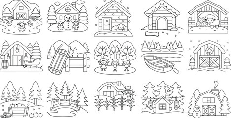 Fototapeta premium Winter farm and village scenes with animals and children in outline style snow barn