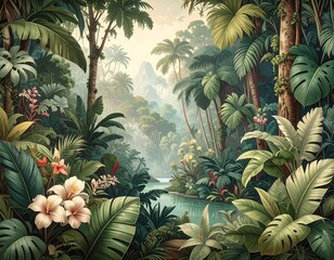 Idyllic rainforest scene featuring lush vegetation, water, and mountains in the background