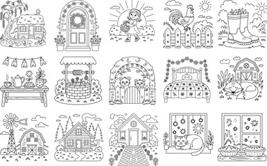 Fototapeta premium Collection of Farm and Garden Themed Coloring Pages with Animals and Houses Keywords: farm, garden, coloring pages, outline, illustration, rural, countryside, house, cottage, barn, windmill, well