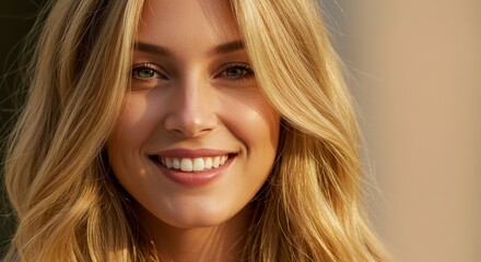 Fototapeta premium Smiling woman with long blonde hair and green eyes. Beauty portrait in natural light. Happy caucasian girl facial expression.