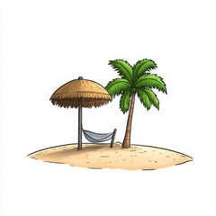 Tropical island, palm tree, hammock, umbrella, sand, relaxing mood