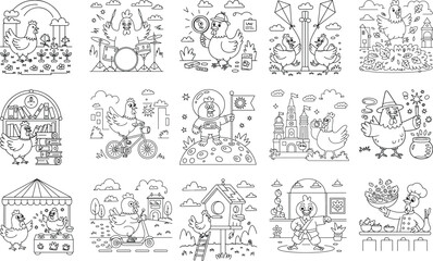 Humorous Chicken Characters in Diverse Scenarios and Activities Line Art Keywords: chicken, hen, chick, bird, cartoon, character, funny, humorous, illustration, drawing, sketch, doodle, outline