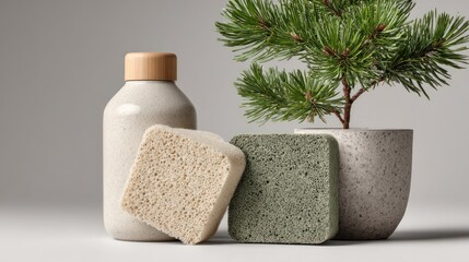 Eco-friendly Natural Cleaning Supplies with Sponge and Potted Pine Tree on Neutral Background