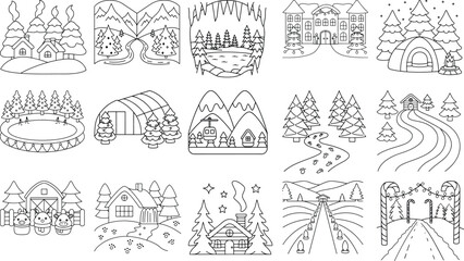 Winter Village and Landscape Line Art Collection house vector