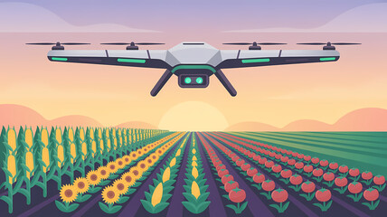 Futuristic Smart Farm with Agricultural Drone Over Crop Rows at Sunset