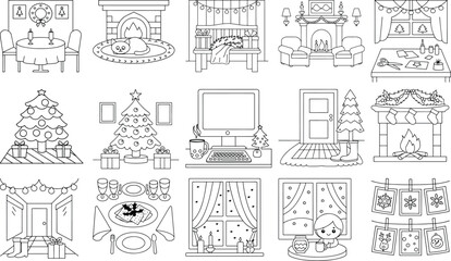 Naklejka premium Cozy Christmas Interior and Exterior Scenes Line Art for Coloring and Design Keywords: christmas, interior, exterior, dining table, fireplace, cat, gifts, bench, armchair, window, desk, computer