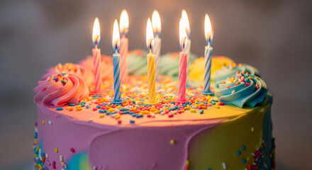 A colorful birthday cake with lit candles and sprinkles, ready for celebration