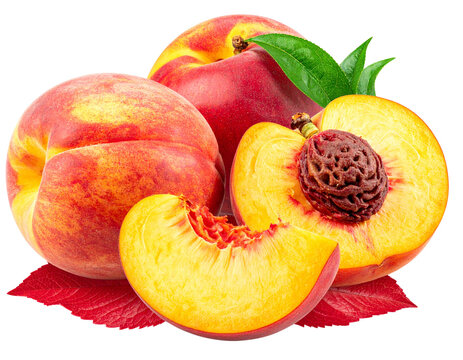 Untitled design -  Fresh juicy ripe peaches with green leaves isolated on red food leaf life on transparent background