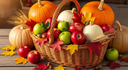 Autumn harvest basket filled with pumpkins, apples, and colorful fall leaves on a wooden table