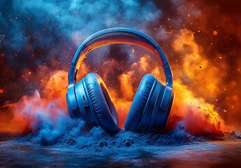 Immersive Audio Experience High-Fidelity Headphones Surrounded by Energetic Dust and Smoke
