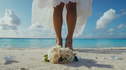 Bride's Feet, Wedding Bouquet, and Lace Dress on Beach with Turquoise Water