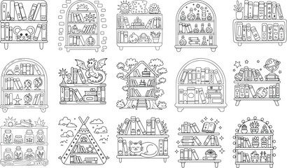 Enchanting Bookshelves Filled with Books and Magical Elements Coloring Pages bookshelf bookcase