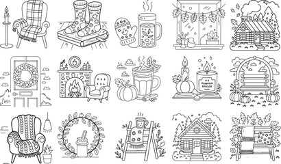 Cozy Autumn Scenes Featuring Armchairs Fireplaces and Warm Beverages Keywords: autumn, fall, cozy, armchair, fireplace, mug, hot chocolate, candle, pumpkin, cabin, house, window, wreath, bench