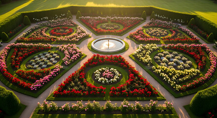 Obraz premium Rose garden with central fountain and symmetrical flower beds at sunrise
