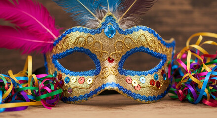 Close up of a golden carnival mask with blue trim and feathers, surrounded by streamers