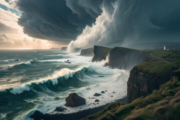 Massive ocean storm hits dramatic coastal cliffs at sunset
