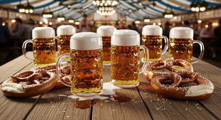 Table full of beer mugs and pretzels at a traditional german beer festival tent