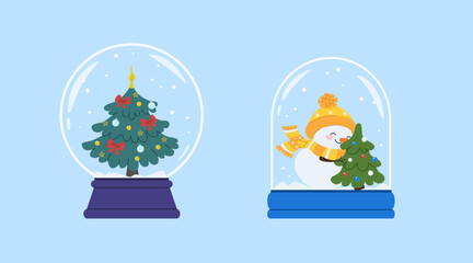 Glass dome with festive Christmas tree and snowman figurines inside..Christmas crystal balls with snow inside. Cute New Year's gift