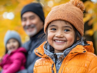 Joyful Family Portrait of Dad and Mom with Smiling Daughter in a Vibrant Autumn Landscape with Warm Colors and Happiness
