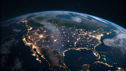United States glowing with city lights from space at night
