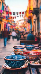 Vibrant Puerto Rican Fiesta with Colorful Decorations and Traditional Bowls in Street Setting