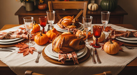 A beautifully set thanksgiving table with roasted turkey, pumpkins, and autumn leaves