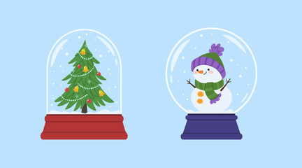 Christmas crystal balls with a snowman and Christmas tree. Cute New Year's gift. Glass dome with festive Christmas tree and snowman figurines inside