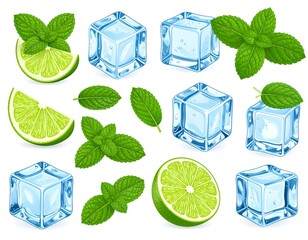 Fresh ingredients for cocktails and summer drinks, ice cubes, lime and mint leaves