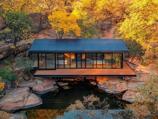 Innovative Eco-Friendly Photography of a Modern House in Nature Surrounded by Autumn Colors and Serenity