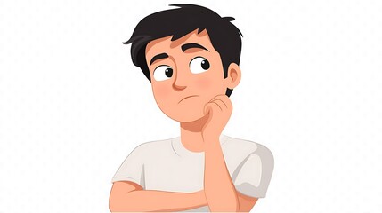 Cartoon Man Deep in Thought with Hand on Chin and Curious Gaze