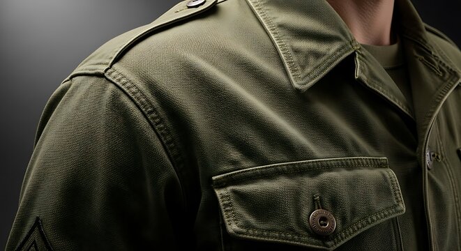 Detailed view of an olive green military style jacket showcasing its tailored fit and rugged canvas texture