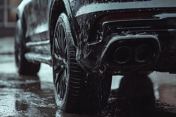 Close Up of Black Car Wash Showing Tire, Exhaust, and Water Splatter