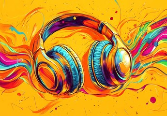Vibrant, abstract headphones exploding with color and sound waves, representing the immersive power of music and audio entertainment