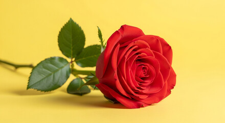 A single vibrant red rose with green leaves lies on a bright yellow background