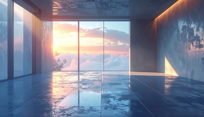 Modern, empty room with sunset view