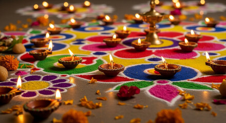 Colorful diwali rangoli decoration with lit diyas and flower petals