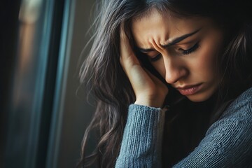 Depressed Young Woman Resting Forehead on Hand by Window, Feeling Sad and Anxious