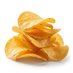 Crispy potato chips stacked high on white background, studio close-up