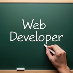 Hand writing 'Web Developer' on green chalkboard for website solutions