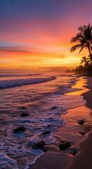 Captivating coastal sunset with vibrant hues and serene ocean waves