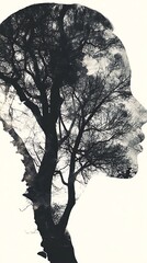 Double Exposure Portrait Silhouette Tree Branches Merged with Feminine Profile, Black and White